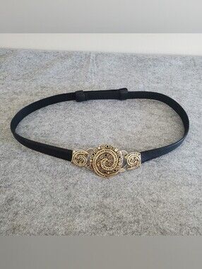 CHICO'S 33" S/M BLACK LEATHER ADJUSTABLE BELT Ornate Gold Tone BUCKLE Boho